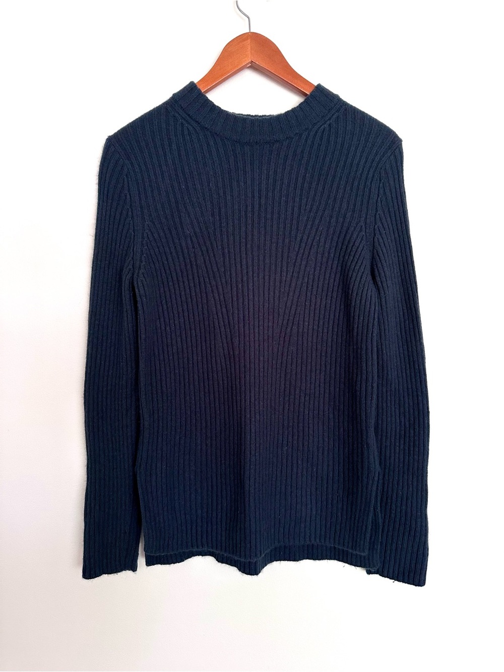 Vince Cashmere Wool Blend Navy Ribbed Crewneck Split Hem Sweater Size Medium
